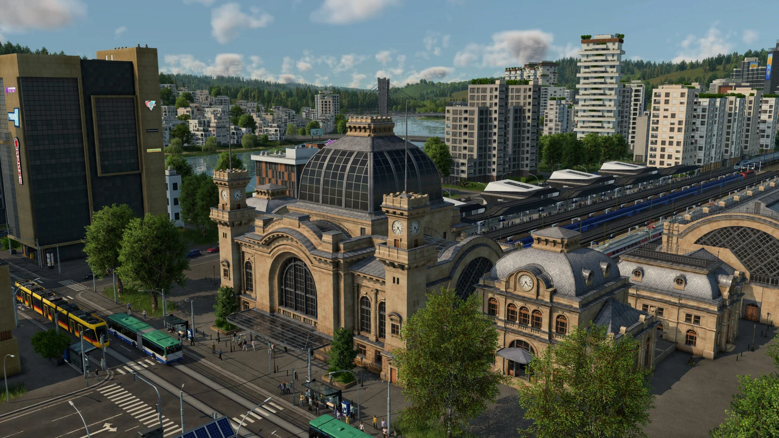 Official Transport Fever 3 scene of a grand railway station with trams and city streets
